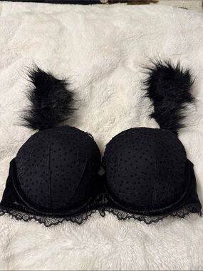 Victoria's Secret Black Lace Push-Up Bra with Faux Fur Straps